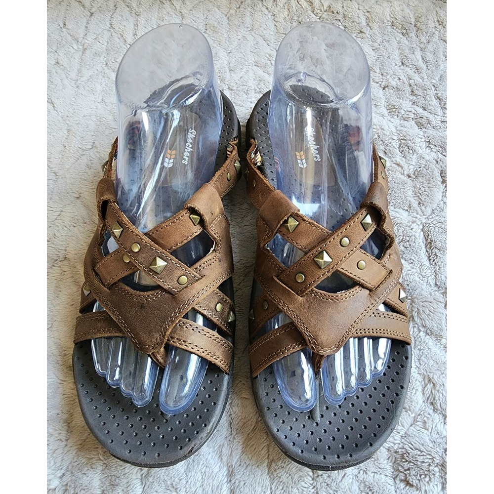 Skechers Womens 8 Reggae Rockin Soundstage Brown Leather Studded Slide Sandals